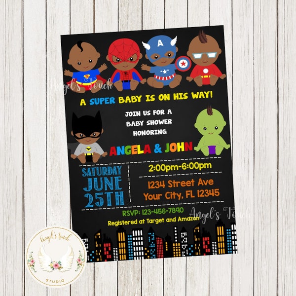 Superhero Baby Shower Invitation, Superhero African American Boys Baby Shower Invitation, Super Boys, Printable Invitation, Digital File.