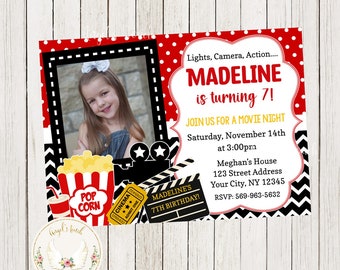 Movie Birthday Invitation, Movie Invitation, Movie Party Invitation with photo, Movie Night Invitation, Printable Invitation, Digital File.