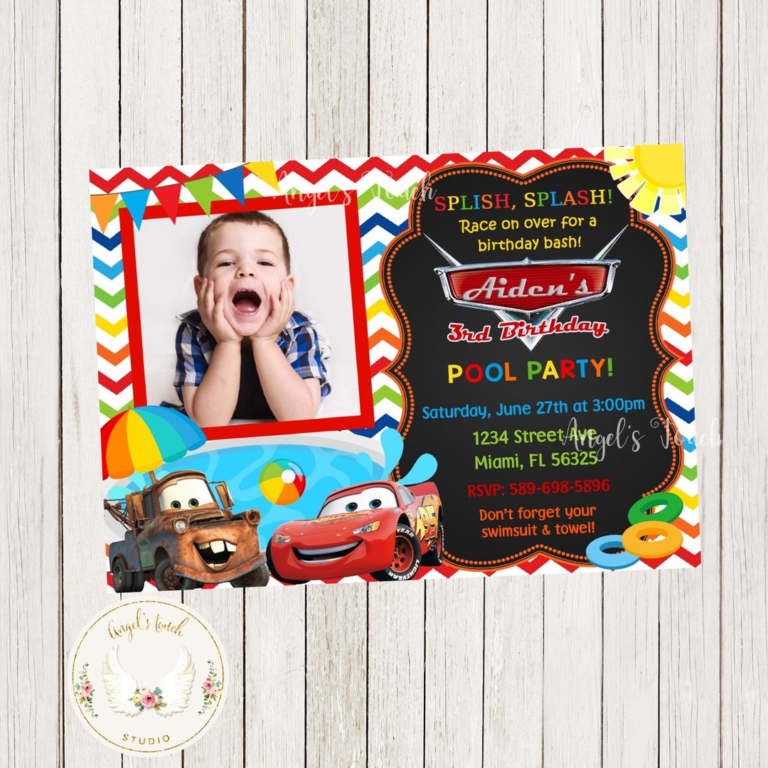 Cars Birthday Invitation, Cars Photo Pool Party Invitation, Cars Pool ...