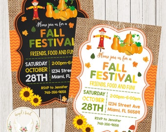 May include: Fall Festival invitation with a burlap background. The invitation features a scarecrow, pumpkins, sunflowers, and the text "Please join us for a Fall Festival. Friends, Food and Fun!"  The invitation also includes the date, time, and location of the event.