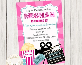 Movie Birthday Invitation, Pink Movie Invitation, Movie Party Invitation, Movie Night Invitation, Printable Invitation, Digital File.