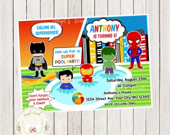 Superhero Boys Birthday Invitation, Superheroes Pool Party Invitation, Superhero Pool Birthday Bash Invitation, Printable Digital File.