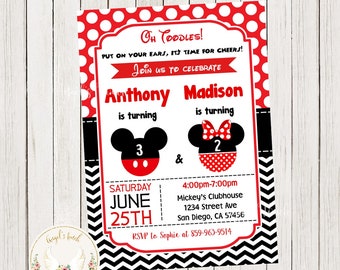 May include: A red and black birthday invitation with a Mickey Mouse theme. The invitation says "Oh Coodles! Put on your ears, it's time for cheers! Join us to celebrate Anthony is turning 3 & Madison is turning 2. Saturday June 25th 4:00pm-7:00pm Mickey's Clubhouse 1234 Street Ave San Diego, CA 57456 RSVP to Sophie at 859-963-9514"