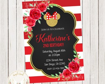 Minnie Mouse Birthday Invitation, Minnie Mouse Flowers Invitation, Minnie Mouse Red Party Invitation, Printable Invitation, Digital File.