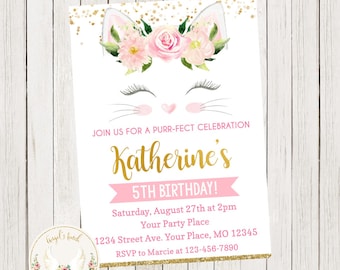 Kitty Girl Birthday Invitation, Lavender Kitten Party Invitation, Cat Birthday Invitation, Kitty Cat Invitation, Printable Digital File
