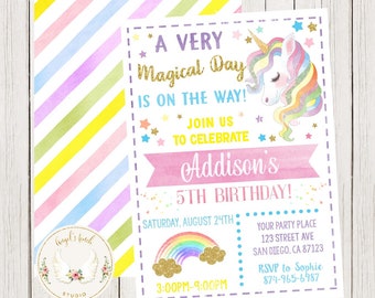 May include: A colorful invitation for a 5th birthday party. The invitation features a unicorn with a rainbow mane and tail, a rainbow with gold glitter, and the text "A Very Magical Day is on the Way! Join us to celebrate Addison's 5th Birthday!" The invitation also includes the date, time, and location of the party.
