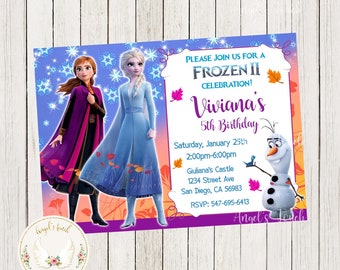 May include: Frozen II birthday party invitation with a purple background and images of Elsa and Anna from the movie. The invitation includes the text "PLEASE JOIN US FOR A FROZEN II CELEBRATION! Viviana's 5th Birthday" and details for the party, including the date, time, location, and RSVP information.