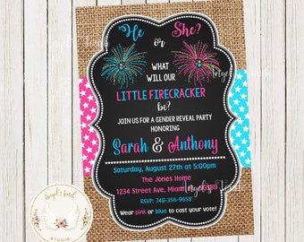 Little Firecracker Baby Gender Reveal Invitation, Gender Reveal Invitation, 4th of July Gender Reveal Invitation, Printable Digital File