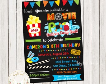 Movie Pool Birthday Invitation, Pool and Movie Outdoor Party Bash Invitation, Pool Party Bash Invitation, Printable Invitation, Digital File