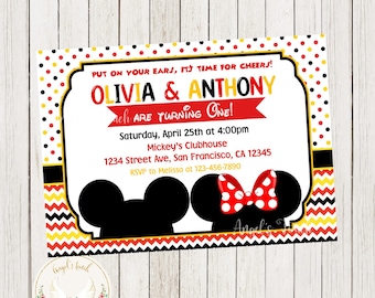 May include: A red and yellow Mickey Mouse and Minnie Mouse themed first birthday party invitation with the text "Put on your ears, it's time for cheers! Olivia & Anthony are turning one!"  Saturday, April 25th at 4:00pm Mickey's Clubhouse 1234 Street Ave, San Francisco, CA 12345 RSVP to Melissa at 123-456-7890