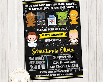 May include: A black and yellow baby shower invitation with a Star Wars theme. The invitation features a cartoon image of characters from Star Wars, including Yoda, Darth Vader, R2-D2, Chewbacca, and Princess Leia. The text on the invitation reads "In a galaxy not so far away... A little Jedi is on the way!" and "Please join us for a baby shower honoring Sebastian & Olivia". The invitation also includes the date, time, and location of the shower.