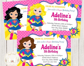 May include: A pink and yellow birthday party invitation with blue and yellow accents. The invitation features a cartoon girl dressed as a superhero with a red cape and a yellow star on her chest. The text on the invitation reads "Calling all superheroes! Join us for a Super Birthday Party! Adeline's 5th Birthday. Saturday, February 25th at 5:00pm 12345 Street Address Your City, State 56985 RSVP: 123-456-7890".