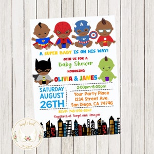 Superhero Baby Shower Invitation, Superhero African American Boys Baby Shower Invitation, Super Boys, Invitación imprimible, Archivo digital.