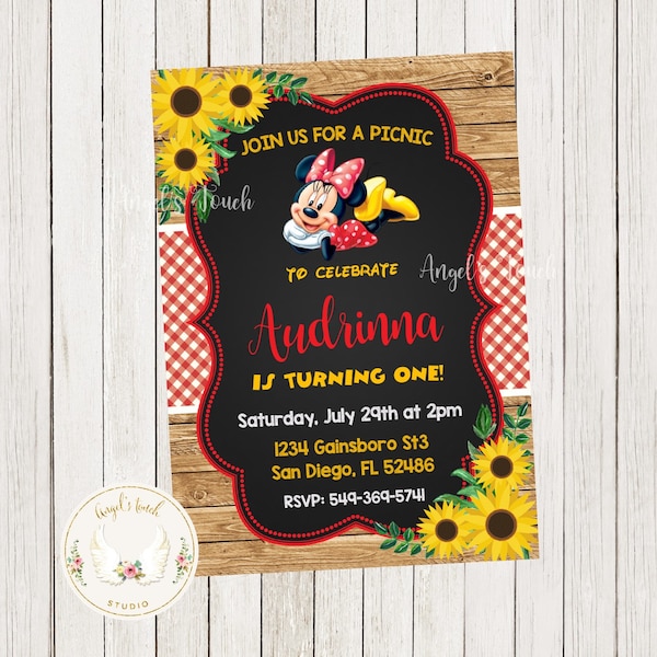 Minnie Mouse Picnic Birthday Invitation, Minnie Mouse Sunflowers Invitation, Minnie Party Invitation, Printable Invitation, Digital File.
