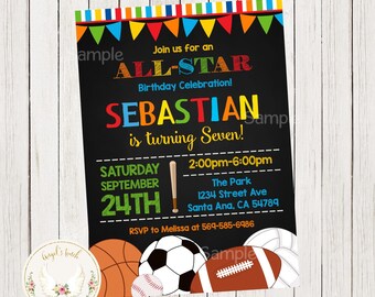 Invitación de cumpleaños All-Star, invitación a la fiesta de niños All-Star, invitación a la fiesta de las estrellas, invitación a los deportes para niños, archivo digital imprimible.