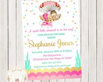 Little Mermaid Baby Shower Invitation, Pink Mermaid Baby Shower Invitation, Girl Pink Baby Shower Invitation, Printable Digital File.