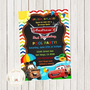 Invito di compleanno a tema Cars, invito alla festa in piscina a tema Cars, invito alla festa di compleanno in piscina a tema Cars, invito a tema Cars, file digitale stampabile.