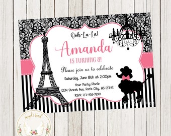 Paris Birthday Invitation, Paris Party Invitation, Paris Invitation, Paris Black and Pink Invitation, Poodle Invite, Printable Digital File.