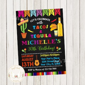 Fiesta Tacos and Tequila Birthday Invitation, Fiesta Party Invitation, Mexican Fiesta Invitation, Fiesta Mexicana, Printable Digital File