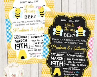 Bee Baby Gender Reveal Invitation, Bees Gender Reveal Invitation, Bumble Bee Gender Reveal Invitation, Printable Invitation, Digital File