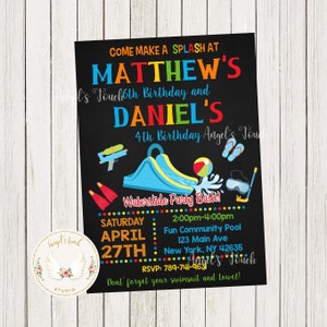 Waterslide Birthday Invitation, Combined Water Slide Party Invitation, Siblings Waterslide Birthday Bash Invitation, Printable Digital File.