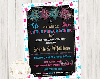 Little Firecracker Baby Gender Reveal Invitation, Gender Reveal Invitation, 4th of July Gender Reveal Invitation, Printable Digital File