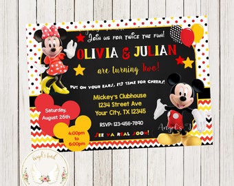 May include: A black and white invitation with red, yellow, and gold accents. It features Mickey Mouse and Minnie Mouse characters. The text reads "Join us for twice the fun! Olivia & Julian are turning two!"  Mickey's Clubhouse, 1234 Street Ave, Your City, TX 12345. RSVP: 123-456-7890. See ya real soon! Saturday, August 26th, 4:00pm to 6:00pm.