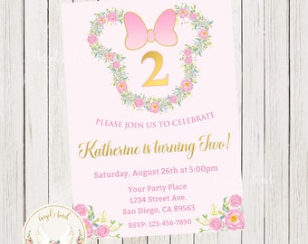Minnie Mouse Birthday Invitation, Minnie Mouse and Flowers Invitation, Minnie Mouse Party Invitation, Printable Invitation, Digital File.