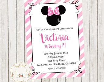 Invitación de cumpleaños de Minnie Mouse, Invitación de minnie Mouse rosa y negro, Invitación a la fiesta de Minnie Mouse, Invitación imprimible, Archivo digital.