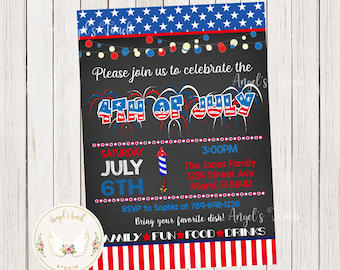 4 juli Uitnodiging, Independence Day Party Uitnodiging, 4 juli Krijtbord Uitnodiging, Rood Wit & Blauw, Afdrukbare Digitale Uitnodiging