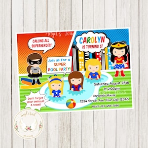 Superhero Girls Birthday Invitation, Superheroes Pool Party Invitation, Superhero Girl Pool Birthday Bash Invitation, Printable Digital File