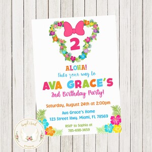 Minnie Mouse Luau Birthday Invitation, Luau Party Invitation, Minnie Mouse Girl Luau Party Invitation, Printable Invitation, Digital File.
