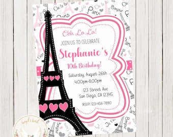 Paris Birthday Invitation, Paris Party Invitation, Paris Invitation, Paris Black and Pink Invitation, Poodle Invite, Printable Digital File.