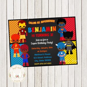 Superhero Boys Birthday Invitation, African American Superheroes Birthday Invitation, Superheroes Kids Invitation, Printable Digital File