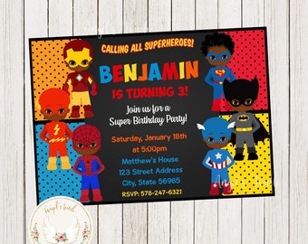 Superhero Boys Birthday Invitation, African American Superheroes Birthday Invitation, Superheroes Kids Invitation, Printable Digital File