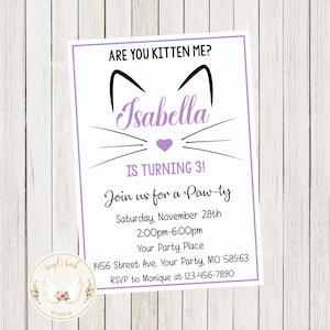 Kitty Girl Birthday Invitation, Lavender Kitten Party Invitation, Cat Birthday Invitation, Kitty Cat Bash Invitation, Printable Digital File