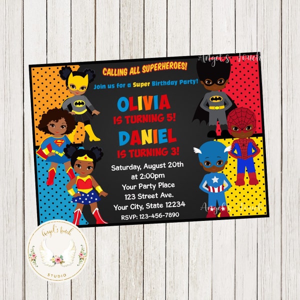 Superhero Girl and Boy Birthday Invitation, Superhero Birthday Invitation, African American Superhero Invitation, Printable Digital File