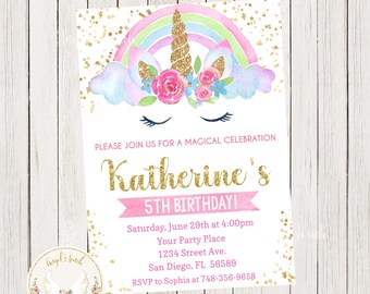 Unicorn Girl Birthday Invitation, Girl Party Invitation, Unicorn Birthday Invitation, Unicorn Bash Invitation, Printable Digital File