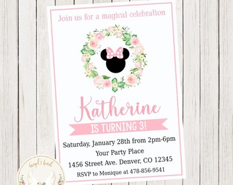 Minnie Mouse Birthday Invitation, Minnie Mouse and Flowers Invitation, Minnie Mouse Party Invitation, Printable Invitation, Digital File.