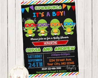 Invitación para baby shower de las Tortugas Ninja, invitación para baby shower, invitación imprimible en formato digital.
