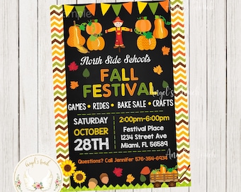 May include: A chalkboard-style fall festival flyer with pumpkins, a scarecrow, and autumn leaves. The flyer announces a fall festival with games, rides, a bake sale, and crafts. The event is on Saturday, October 28th, from 2:00 pm to 6:00 pm.
