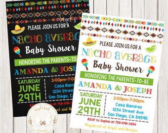 May include: Two colorful invitations for a baby shower with the theme "Nacho Average Baby Shower". The invitations feature a maraca, a sombrero, and a lime. The invitations are for Amanda and Joseph, and the shower is scheduled for Saturday, June 29th from 3:00pm to 7:00pm at Casa Ramirez, 1234 Street Ave, San Diego, CA 84596.
