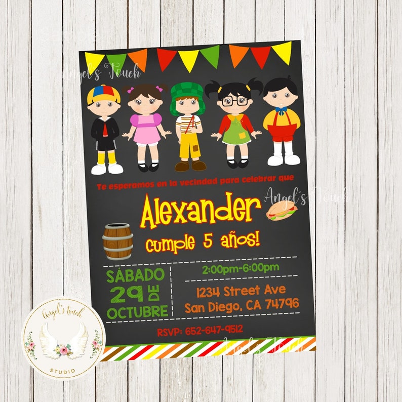 May include: A chalkboard birthday party invitation with a cartoon illustration of five children. The invitation is for Alexander's 5th birthday party. The party is on Saturday, October 29th from 2:00pm to 6:00pm at 1234 Street Ave, San Diego, CA 74796. RSVP: 652-647-9512.