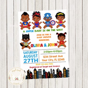 Invitación al Baby Shower de Superhéroes, Invitación al Baby Shower de Superhéroes Afroamericanos, Bebé de Superhéroes, Archivo Digital Imprimible