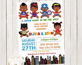 Superhero Boy and Girl Baby Shower Invitation, African American Superhero Baby Shower Invitation, Superheroes Baby, Printable Digital File