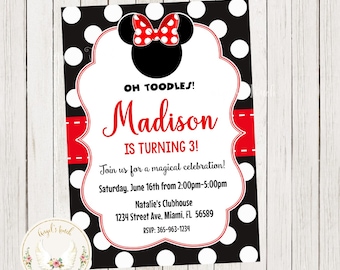 Invitation d’anniversaire Minnie Mouse, Invitation à une fête rouge et noire Minnie Mouse, invitation à une fête Minnie Mouse, fichier numérique imprimable.