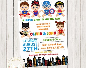 Superhero Boy and Girl Baby Shower Invitation, Superhero Baby Shower Invitation, Superheroes Baby Shower, Printable Invitation, Digital File