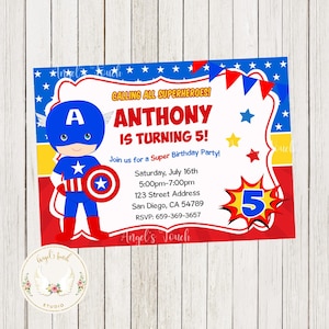 Superhero Captain America Birthday Invitation, Captain America Invitation, Superhero Party Invitation,  Printable Invitation, Digital File.