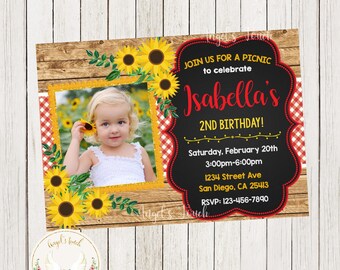 Picnic Birthday Party Invitation, Picnic Sunflowers Invitation with Picture, Sunflower Party Invitation, Printable Invitation, Digital File.