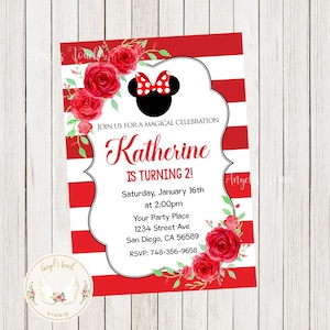 Minnie Mouse Birthday Invitation, Minnie Mouse Flowers Invitation, Minnie Mouse Red Party Invitation, Printable Invitation, Digital File.